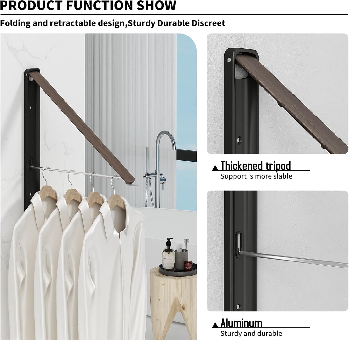 Retractable Clothes Drying Rack for wall clothes hanger rack for Laundry | Folding Hanger Rack Laundry Hanger Dryer Rack, Easy to Install, Closet Storage Organization, Space Saving Aluminium,Walnut