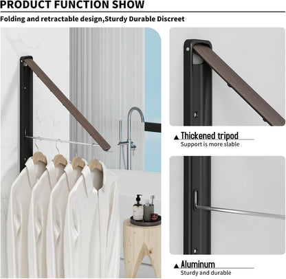 Retractable Clothes Drying Rack for wall clothes hanger rack for Laundry | Folding Hanger Rack Laundry Hanger Dryer Rack, Easy to Install, Closet Storage Organization, Space Saving Aluminium,Walnut
