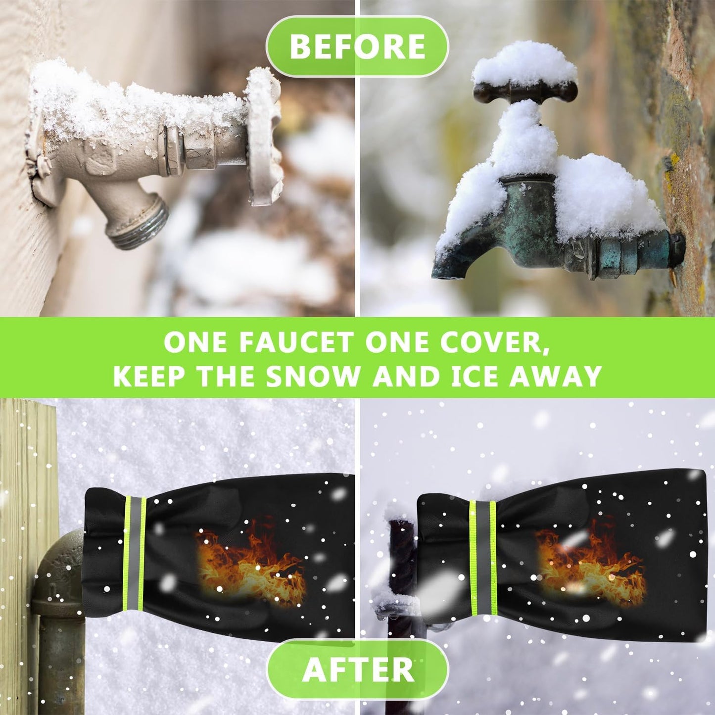 Pro Outdoor Faucet Covers for Winter Freeze Protection, 9.5" H x 7" W, Reusable Waterproof Insulated Spigot Socks, Black, Set of 2, Anti-Freeze Hose Bib Covers for Garden and Outdoor Taps