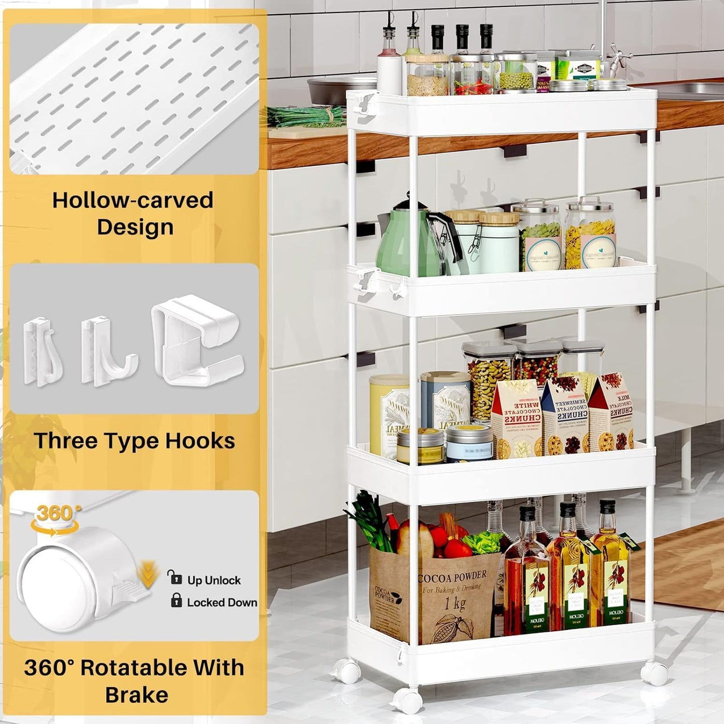 SPACEKEEPER 5-Tier Rolling Cart, Bathroom Storage Organizer Utility Cart, Mobile Shelving Unit Slide Out Shelves for Kitchen Living Room Laundry Room & Dressers, Black