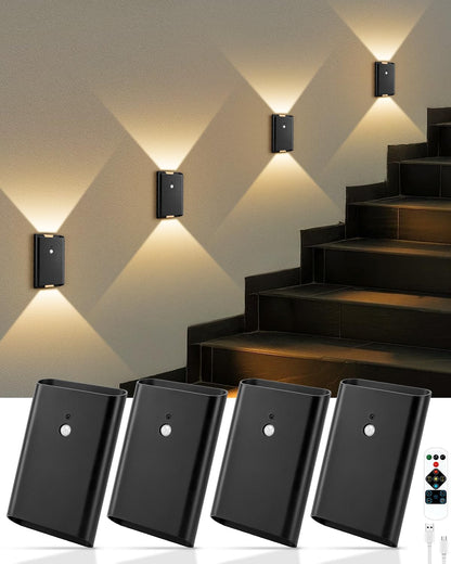 Rechargeable Motion Sensor Wall Sconce Set of 2 – 5000mAh Wireless Battery Operated Wall Light Indoor, 3 Colors Up/Down Lighting Magnetic Night Light with Remote Control for Bedroom, Hallway (Black)