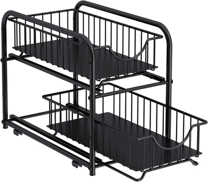 Pull-out Cabinet Organizer, Stackable 2-tier Under Sink Rack, with Sliding Storage Drawer for Pantry, and Desktop, for Bathroom, Kitchen, Office, Black