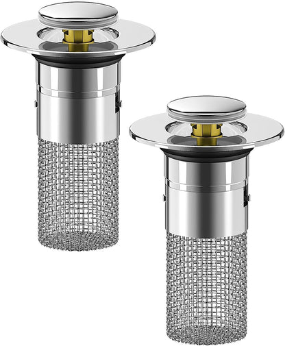 Bathroom Sink Stopper Hair Catcher, Pop Up Drain Plug with Strainer and Filter Basket, Universal Replacement Cover, 2 Pack