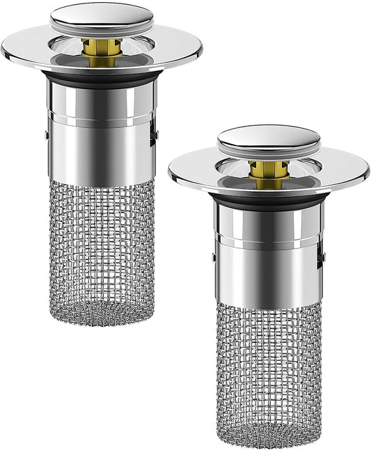 Bathroom Sink Stopper Hair Catcher, Pop Up Drain Plug with Strainer and Filter Basket, Universal Replacement Cover, 2 Pack