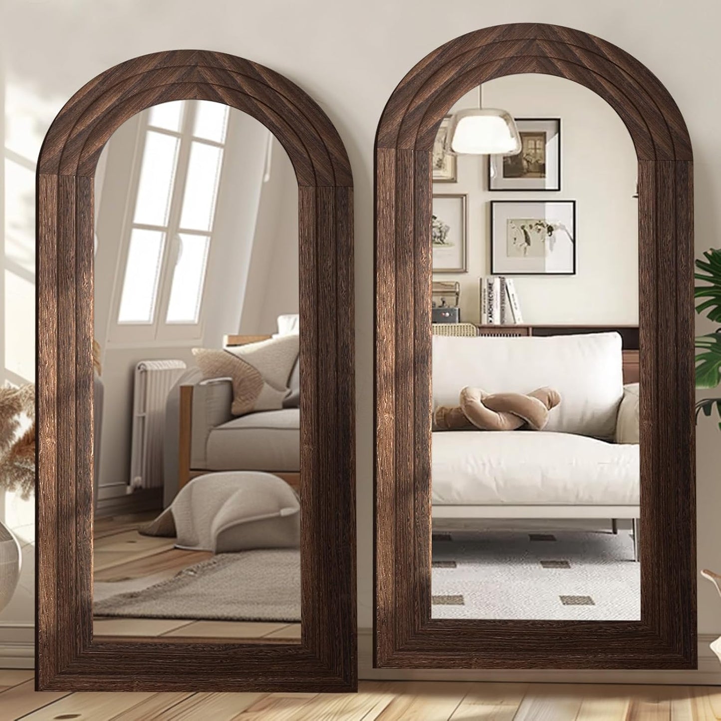 ZHUNFA Arched Full Length Mirror with Solid Wood Frame | 65x22 Farmhouse Wall Mirror Full Length with Stand, Vertical Hanging, Leaning Standing for Bedroom,Living Room, Rustic White