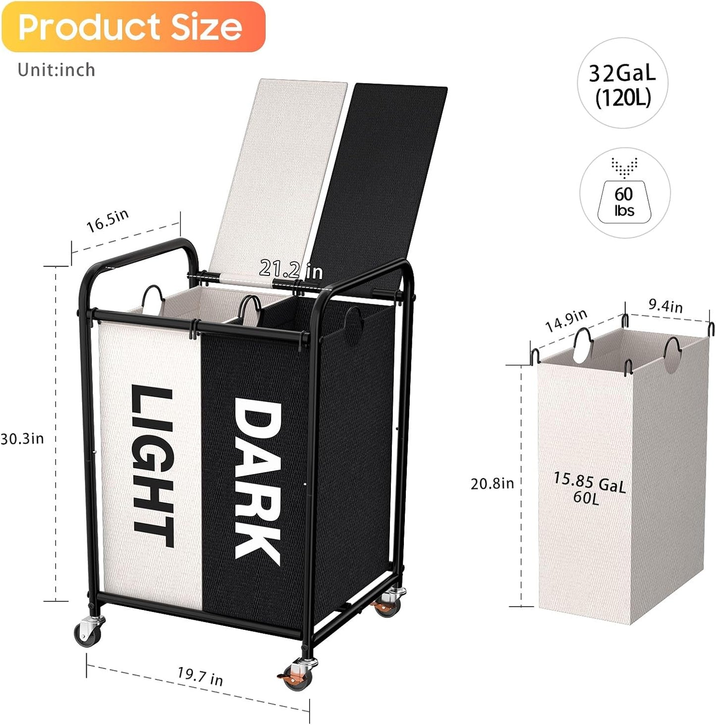 180L (47.55 Gal) Laundry Sorter 3 Section, Rolling Laundry Basket with Lockable Wheels and Lid, Laundry Hamper with 3 Separated Removable Bags Dirty Clothes Hamper for Laundry Room Organizer, Black