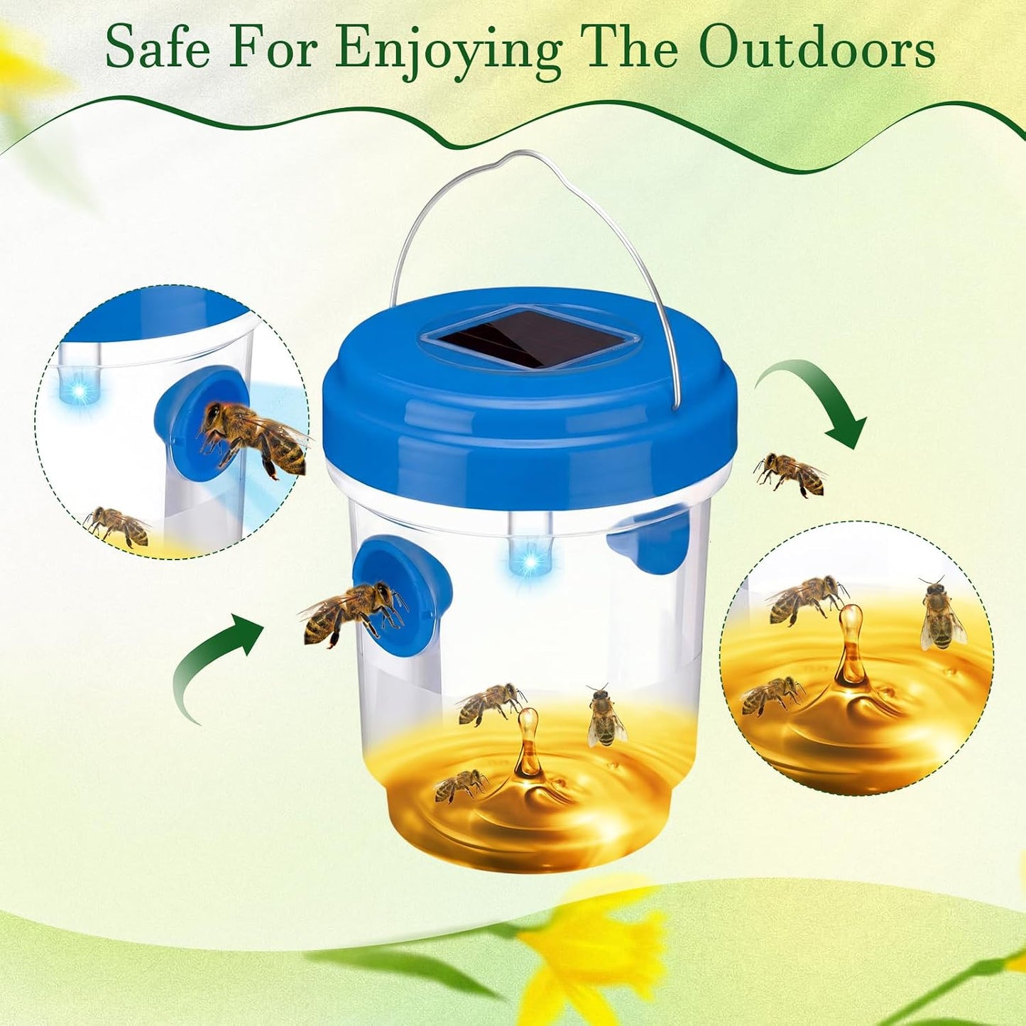 Wasp Trap Solar Powered Bee Trap Reusable Fly Traps Outdoor Hanging Wasp Killer with UV LED Light Flying Insects Bee Killer for Indoor Outside Patio Garden Home (6, Yellow)