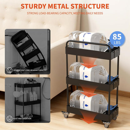 HOTEAGLE Three Tier Rolling Cart, Adjustable Width & High Adaptability | Metal Utility Storage Carts with Wheels, Ideal Storage Organizer for Livingroom, Kitchen and Bathroom