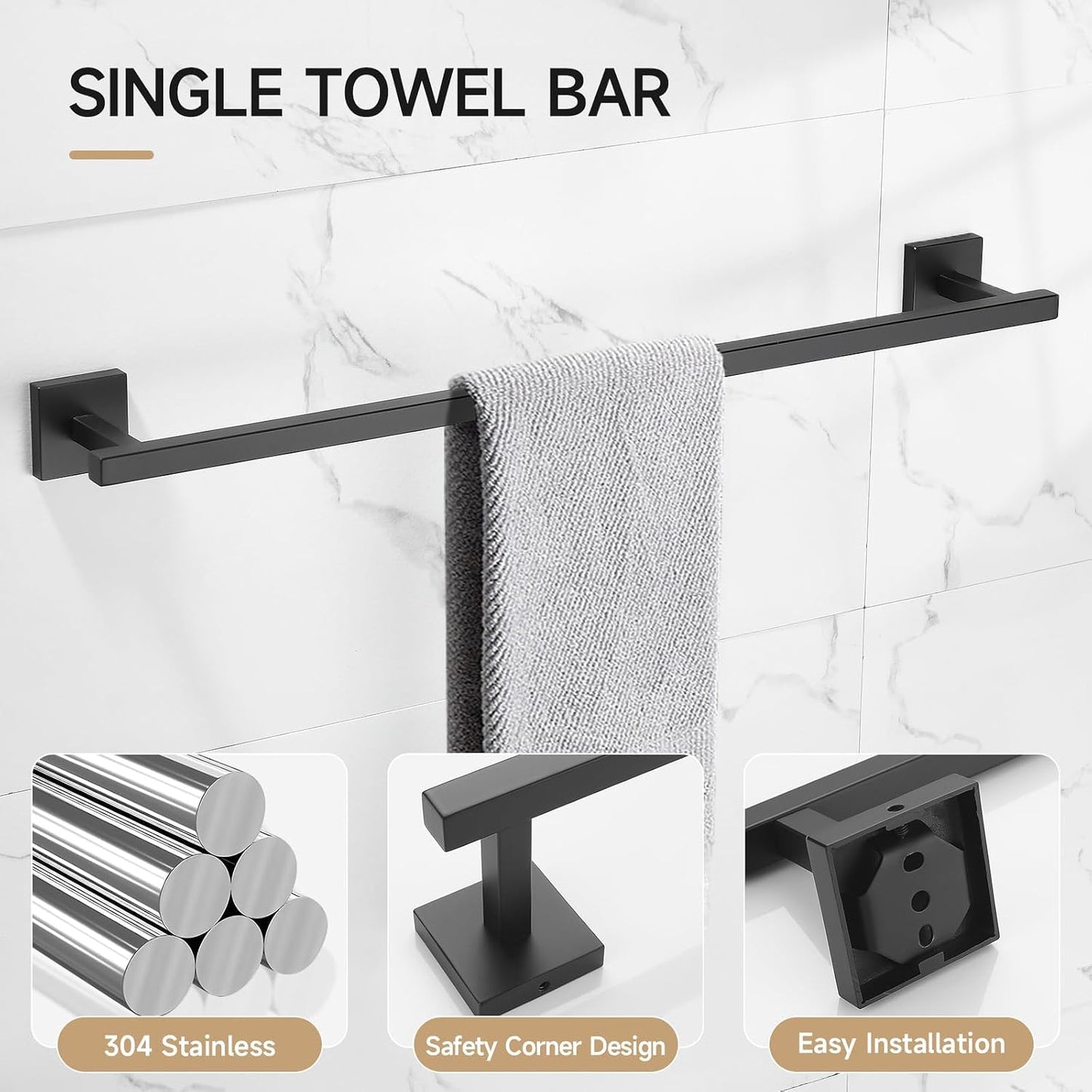 TQKAG Brushed Gold Bathroom Hardware Accessories Set 10 Pieces, 23.6" SUS304 Stainless Steel Towel Bar Set Wall Mounted Includes Single Towel Bar, Towel Ring, Toilet Paper Holder, Double Towel Hooks
