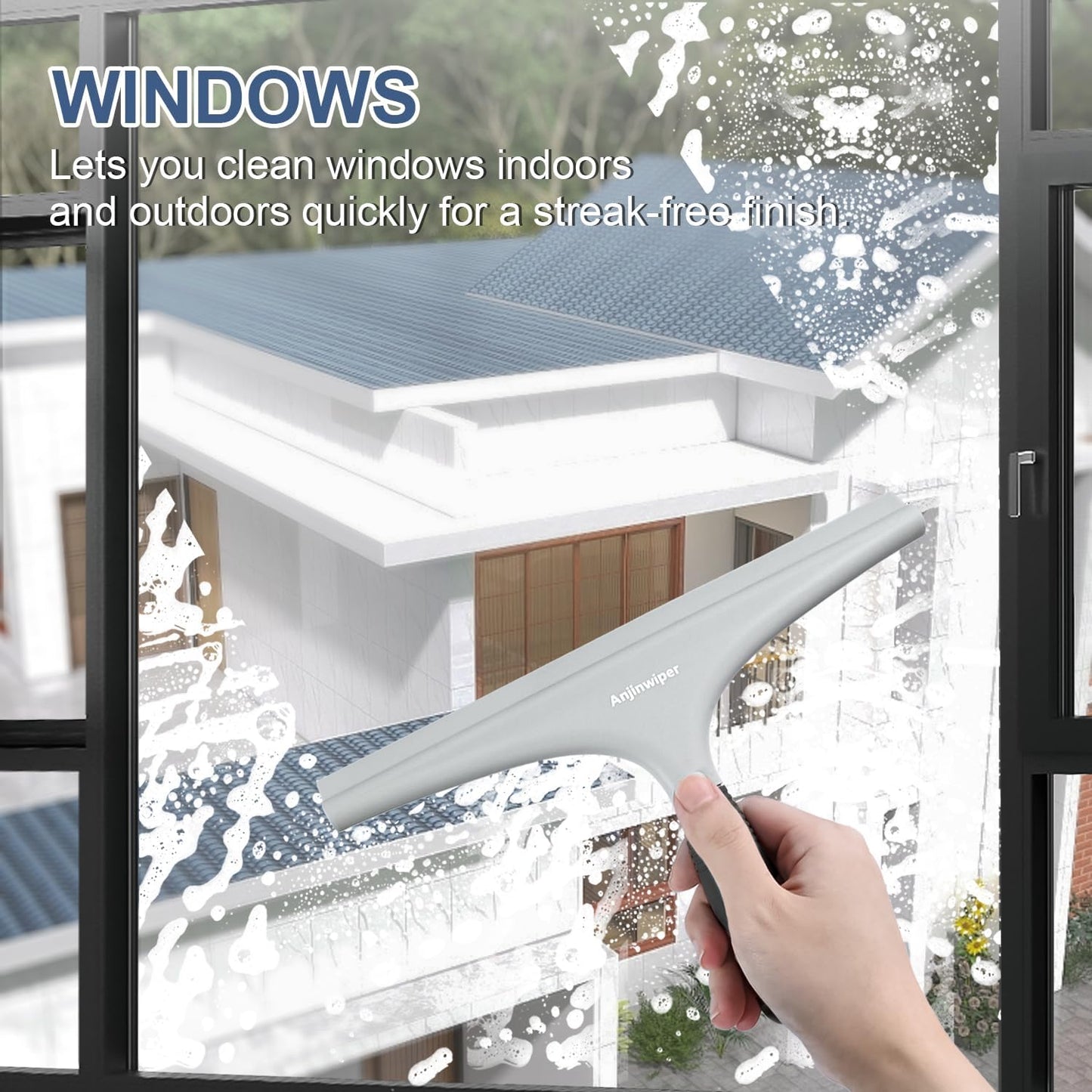 Silicone Shower Squeegee for Glass Doors with Hook, Window Squeegee for Shower Doors, Kitchen, Mirrors and Tiles, Glass Squeegee Bathroom Shower(10 inch, Gray)
