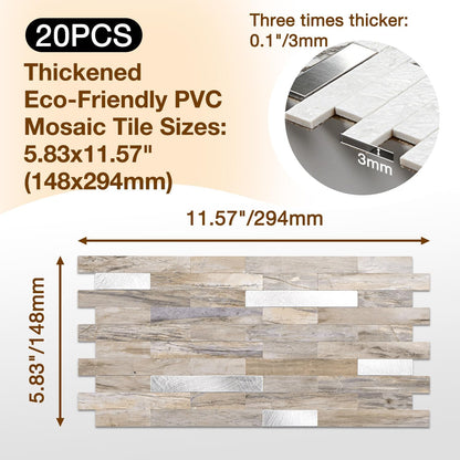 Peel and Stick Backsplash Tile Waterproof Removable PVC Wall Sticker 3D Faux Stone Marble Brick White Accent Panels (White Marble - Metal Silver, 20 Tiles - 9 sq. ft. (0.84 M²))