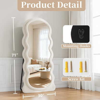 71"x32" Flannel Full Length Mirror, Arched Mirrors Full Length with Stand, Flannel Floor Mirror for Bedroom and Living Room, Full Body Mirror Hanging or Leaning, White
