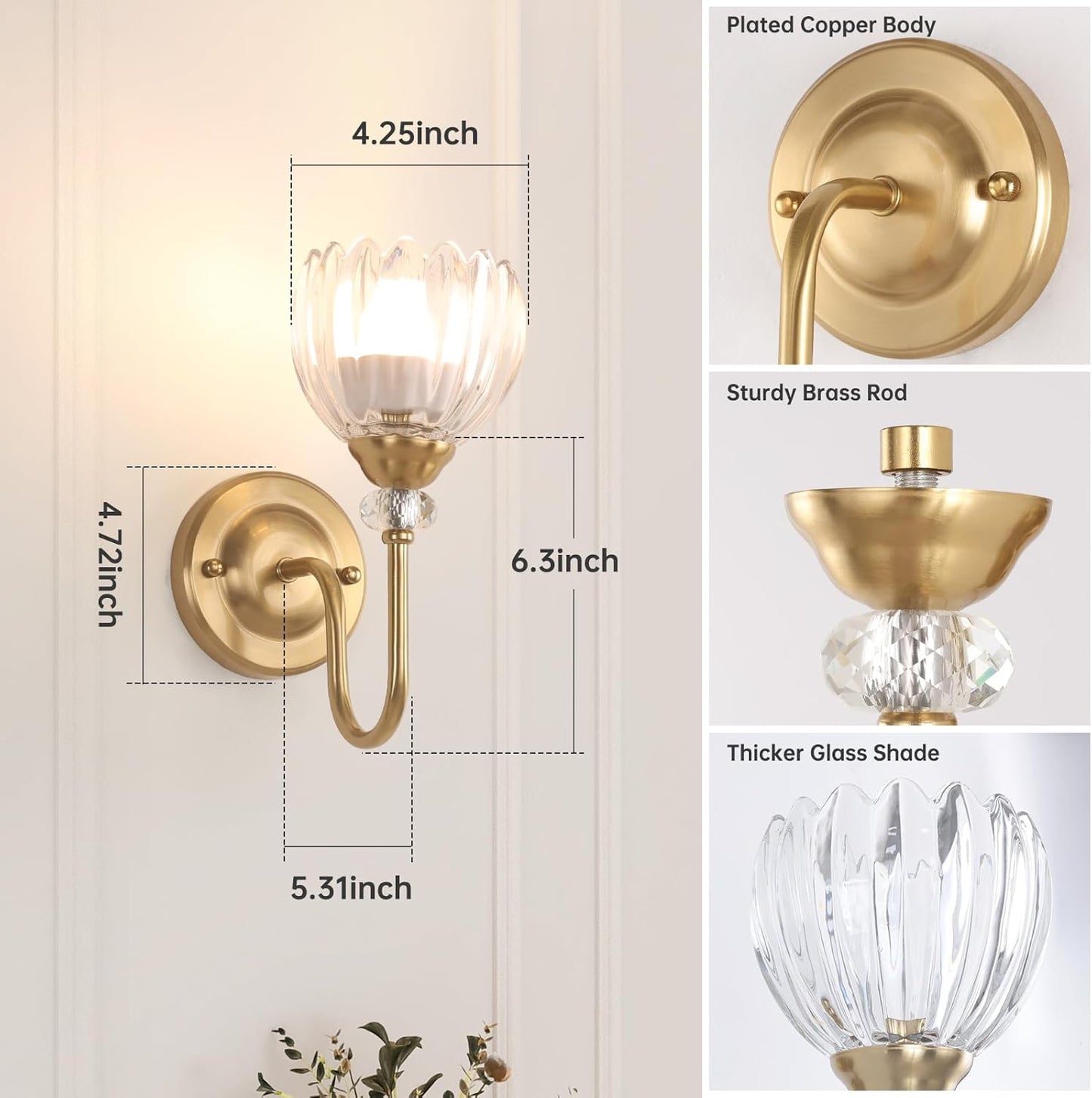 Set of 2 Vintage Battery Operated Wall Sconce, Rechargeable Wall Lamp with 5000mAh Battery & Remote Control, Dimmable Wall Lights with tulip shade for Bedroom Bathroom Living Room, (Tulip Amber Up)
