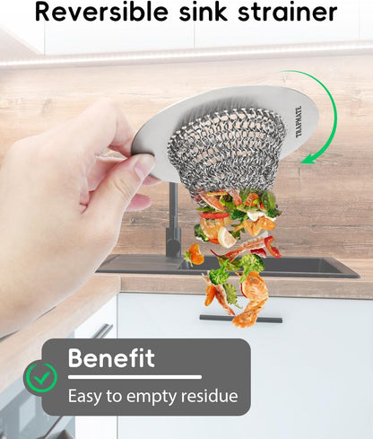 Reversible Kitchen Sink Drain Strainer Basket for Sink & Garbage Disposal | Easy Clean, Anti-Clogging, Fast Drainage, Anti-Slip, Anti-Rust, 304 Stainless Steel, Large Capacity, 4.4",Patented Chain Mesh