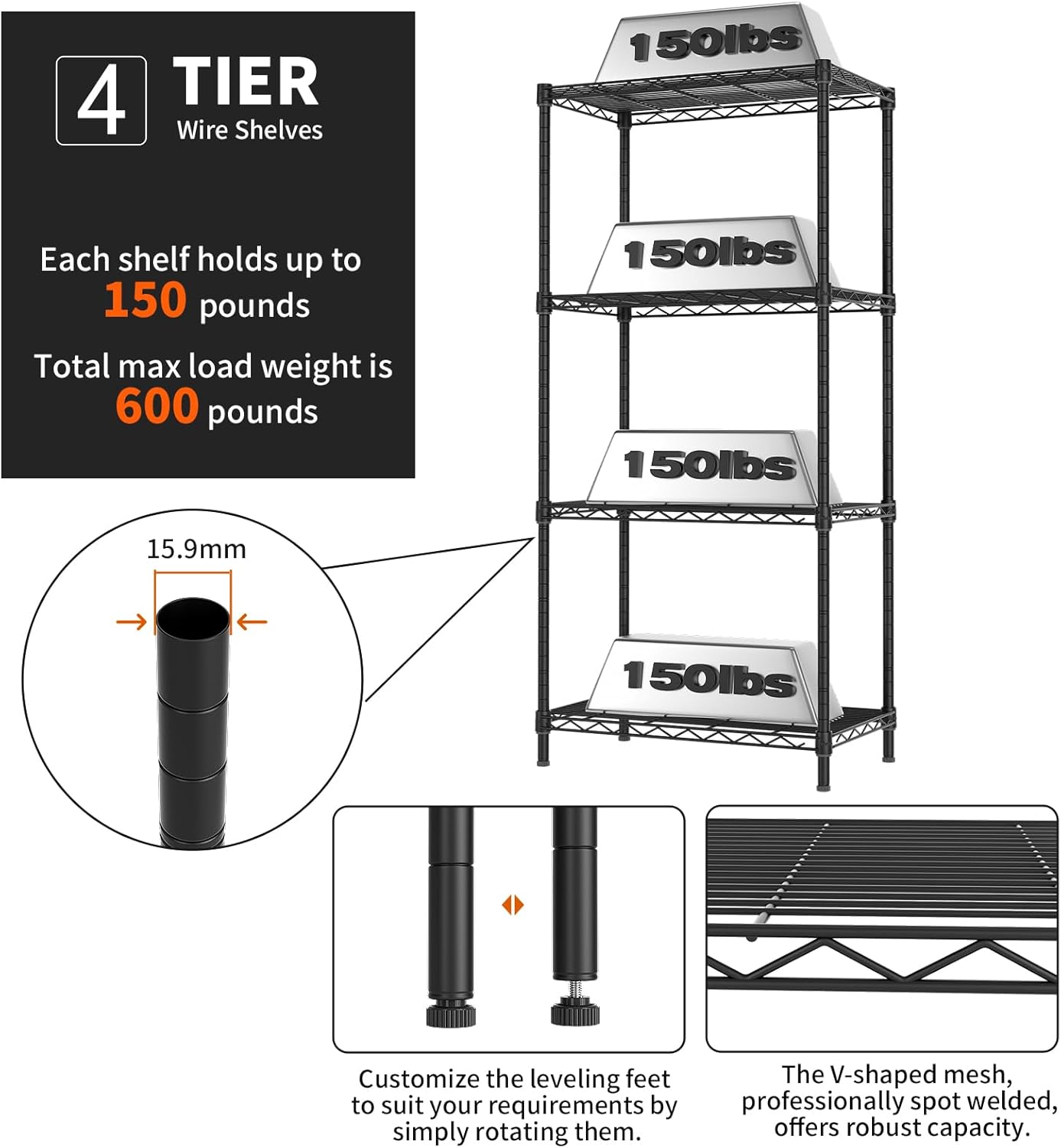 Golpart 4 Tier Adjustable Storage Shelves Metal Utility Shelf Wire Shelving Unit Organizer Rack for Home Kitchen Office Bathroom Pantry Room 12" D x 18" W x 44" H