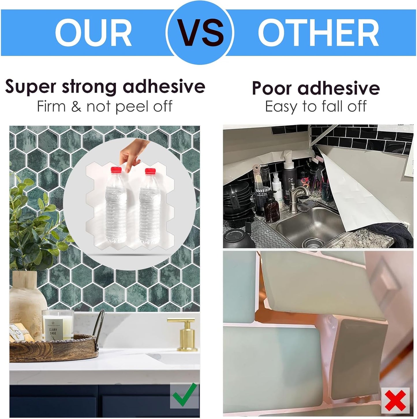 10-Sheet Hexagon Peel and Stick Backsplash for Kitchen, New Upgrade Premium Extra Thicker Design 3D Self Adhesive Wall Tiles, Large Stick on Tiles for Kitchen and Bathroom (12" x 12")
