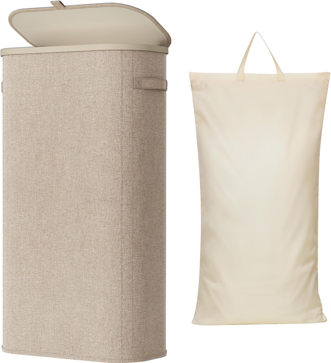 Lifewit Slim Laundry Basket with Lid, Narrow Laundry Hamper with Plastic Handles and Removable Bag, Tall Foldable Dirty Clothes Hampers for Laundry Room, Bedroom, Bathroom, Dorm, 65L Beige