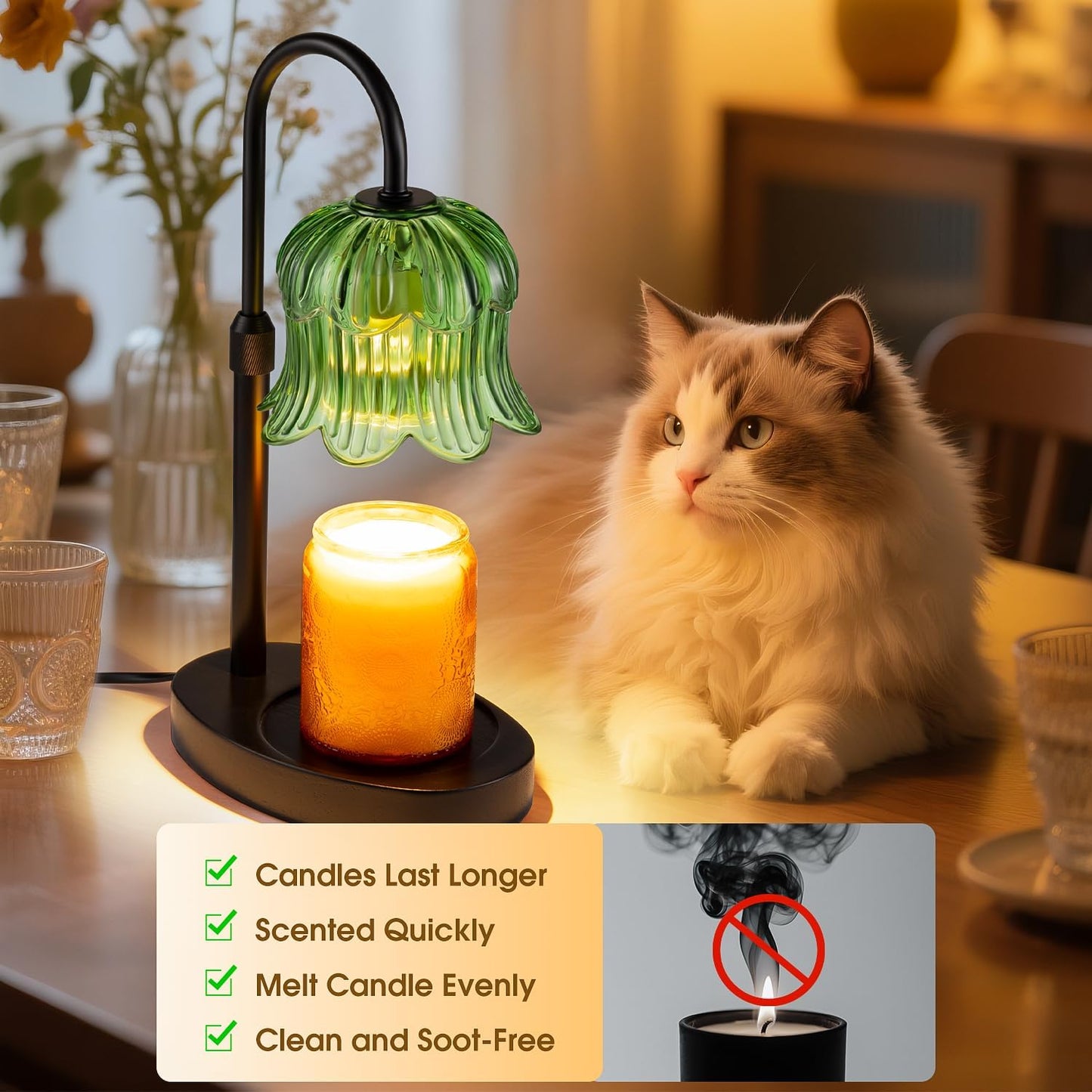 Candle Warmer Lamp Adjustable Timer - Electric Flower Glass Candles Warmers Adjustable Height Dimmable Vintage Base Modern Wax Candles Top Warmers for Small Jar Scented Wax Melts