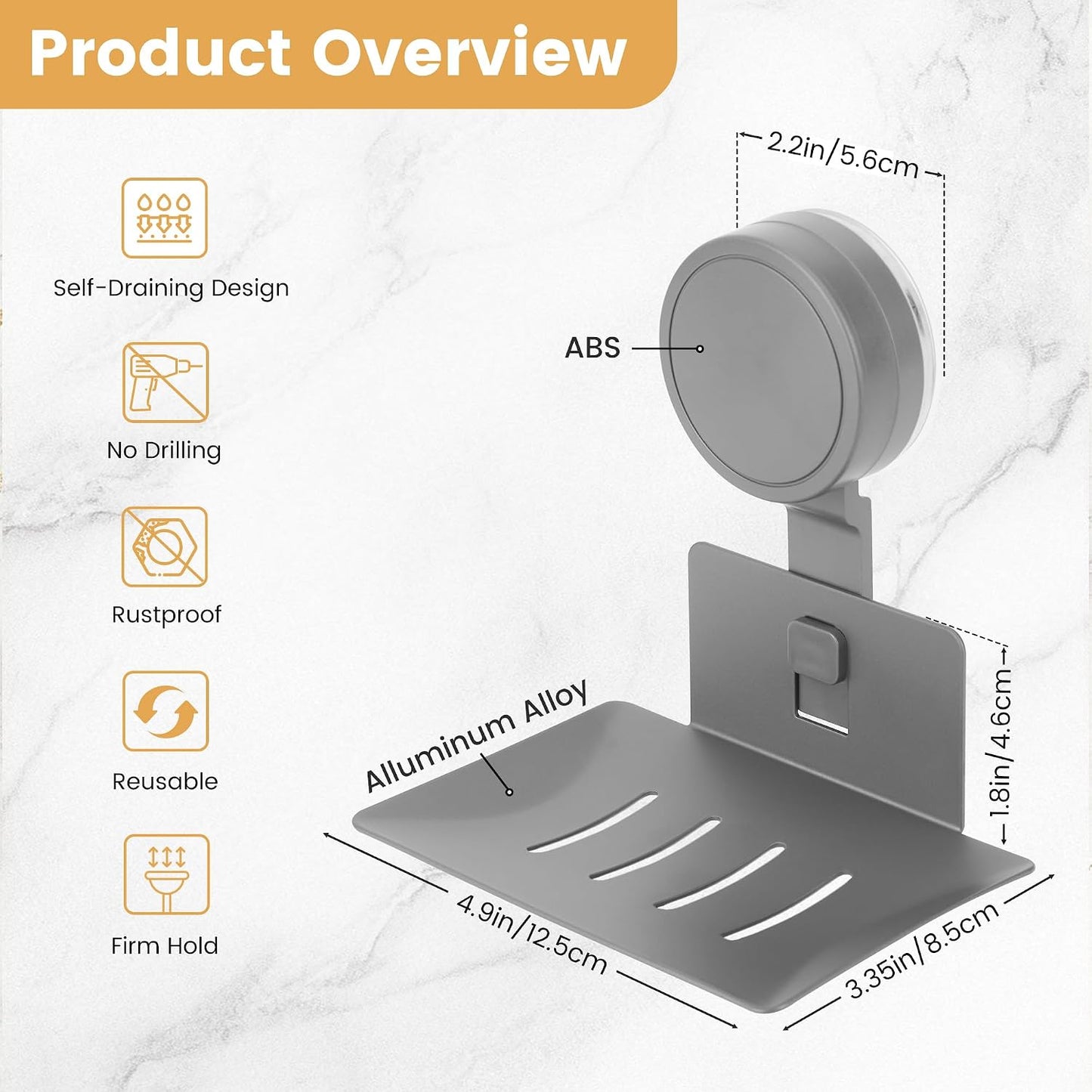 Soap Holder for Shower Wall Suction Cup Bar Soap Dish Self-Draining Wall Mounted No-Drill Rustproof & Reusable for Bathroom & Kitchen (Matte Grey)