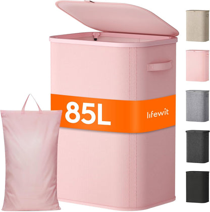Lifewit 165L Large Laundry Basket with Lid, Laundry Hamper with Plastic Handles and Removable Bag, Foldable Tall Dirty Clothes Hampers for Laundry for Laundry Room, Bedroom, Bathroom, Dorm, Beige