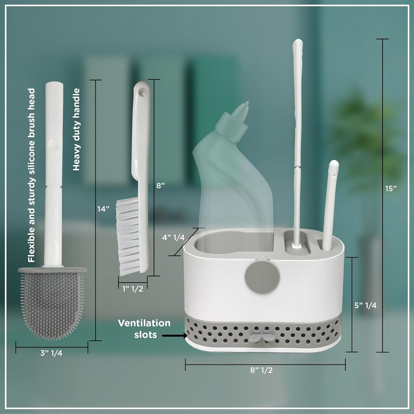 Silicone Toilet Brush and Holder Set with 2 Toilet Bowl Brushes, Ventilation Slots Base
