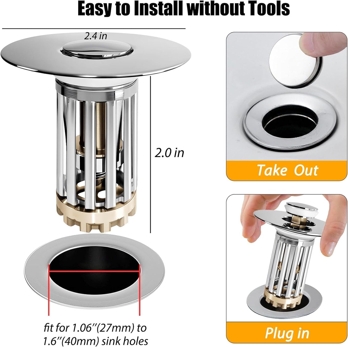 Anlige Bathroom Sink Drain Strainer, 2PCS 3 in 1 Pop Up Bathroom Sink Stopper with Removable Brass Basket Hair Catcher, Universal Sink Plug for 1.06 to 1.6in Drain Hole, Chrome Silver