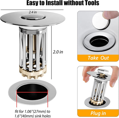 Anlige Bathroom Sink Drain Strainer, 2PCS 3 in 1 Pop Up Bathroom Sink Stopper with Removable Brass Basket Hair Catcher, Universal Sink Plug for 1.06 to 1.6in Drain Hole, Chrome Silver