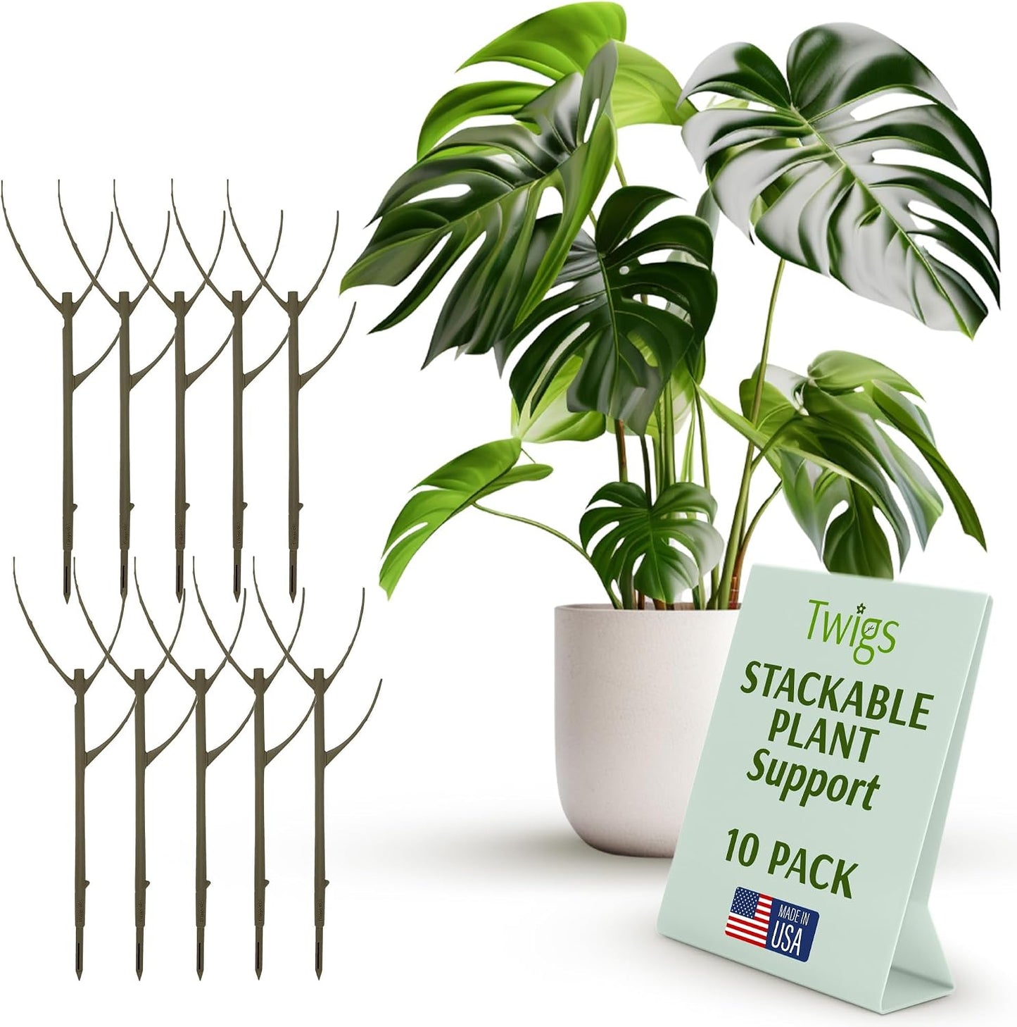 Twigs GA Stackable Plant Support Stakes, Moonstone, 3-Pack, 17" L | Made in USA, UV-Protected Sticks, Natural-Looking Stem Support Stakes, Stackable Poles for Indoor & Outdoor Plants up to 5ft