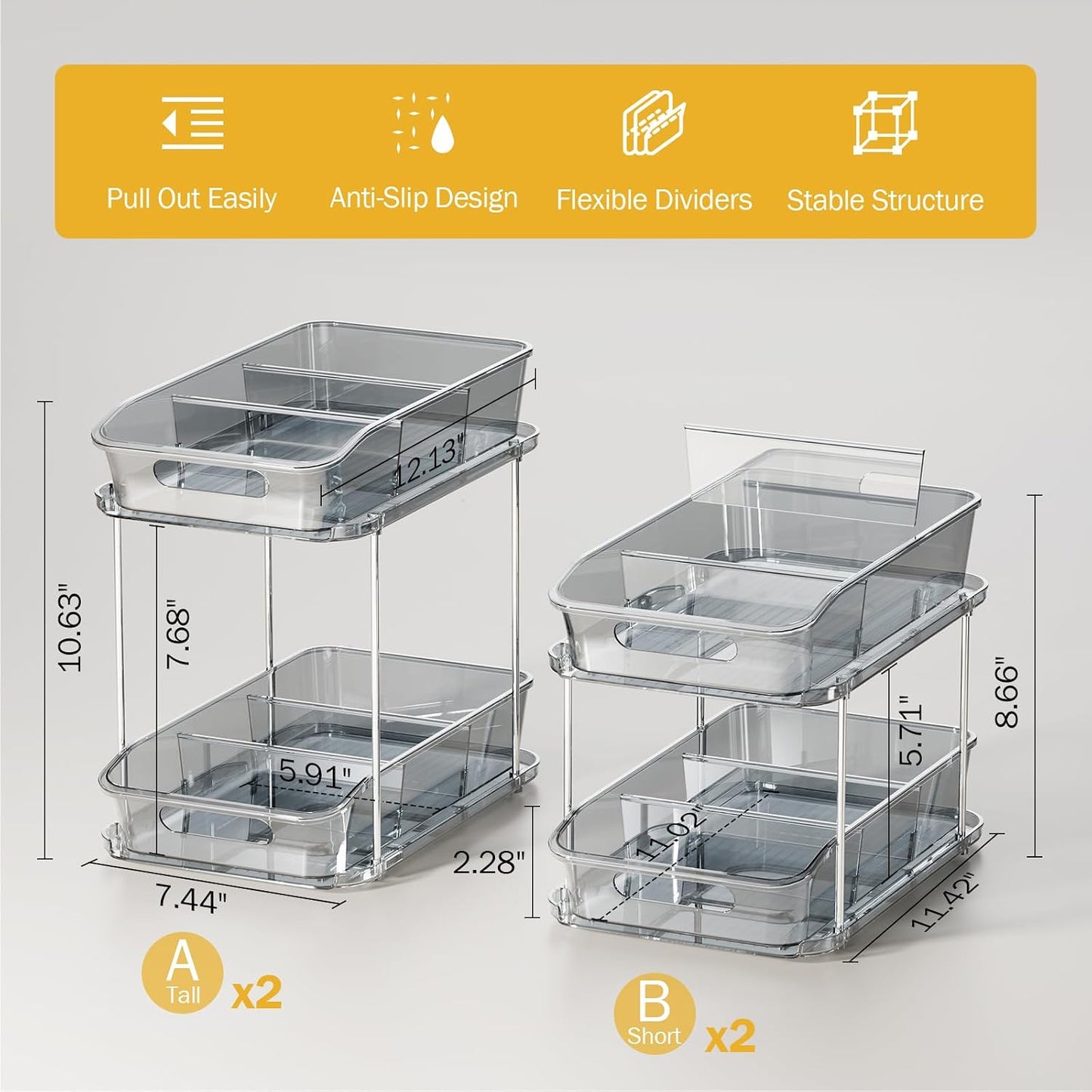 Delamu 2-Tier Under Sink Organizers and Storage, Multi-Purpose Stackable Bathroom Cabinet organizers, Pull Out Kitchen Pantry Organization and Storage with Dividers(2 Pack, Clear)
