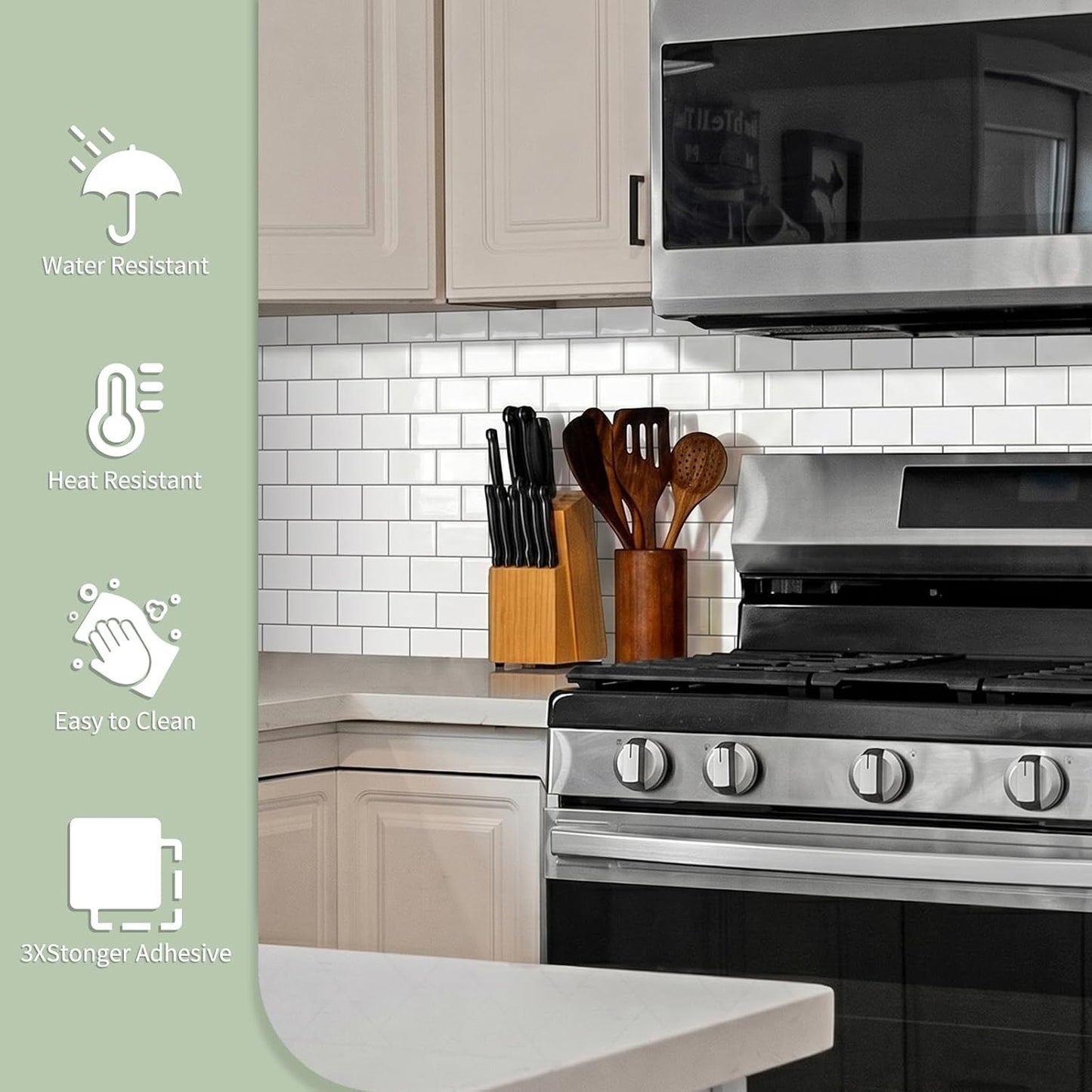 10-Sheet Thick Peel and Stick Kitchen Backsplash Tiles(Green,12"×12") | 3D Subway Waterproof Self-Adhesive Wall Tile Stick on Backsplash for Kitchen and Bathroom