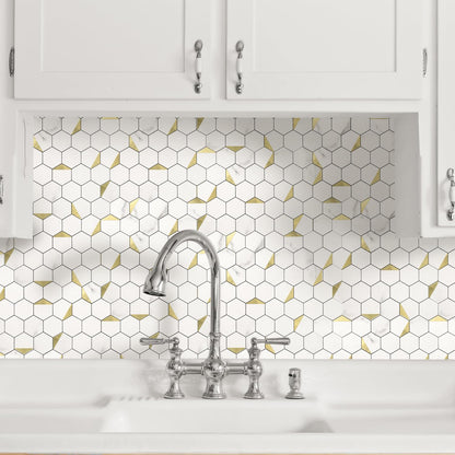 10-Sheet Heavy-Duty Hexagon Peel and Stick Backsplash, Thick Waterproof &Heat Resistant Stick on Wall Tiles, Slate Beige Mosaic for Kitchen & Bathroom, Strong Adhesive Permanent PVC Tiles