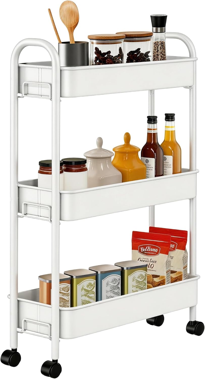 Slim Rolling Cart, Metal Frame Utility Rolling 3-Tier Narrow Storage Cart with Handle Kitchen Storage Organizer, Mobile Shelving Unit for Bathroom Kitchen
