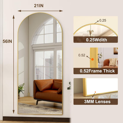 HARRITPURE 64"x21" Arched Full Length Mirror Free Standing Leaning Hanging Mounted Mirror Aluminum Frame Modern Simple Home Decor for Living Room Bedroom Cloakroom, Gold