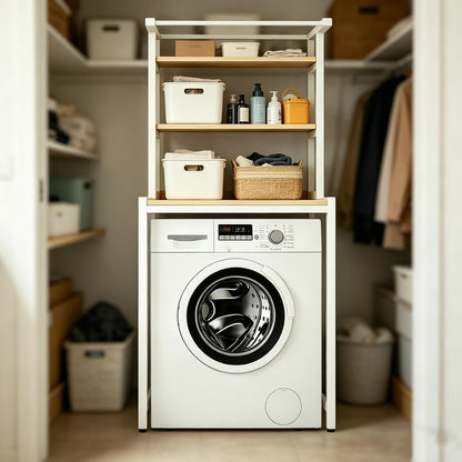 Durable 3-Tier Over The Washer Storage Rack, Freestanding Laundry Organizer with White Metal Frame & Wood Grain Boards, Movable Space Saving Shelf for Front Load Washers & Dryers