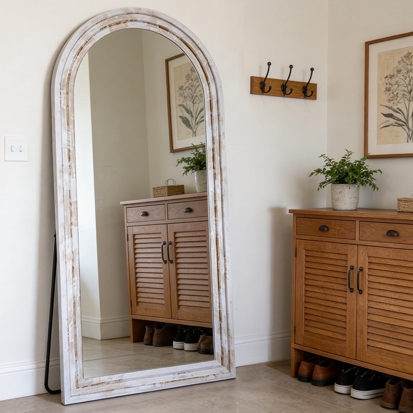 71x32 Inch Arched Full Length Mirror with Solid Wood Frame Wall Mounted Floor Mirror, Vertical Hanging Leaning Standing Mirror for Living Room, Bedroom, Entryway, Brown