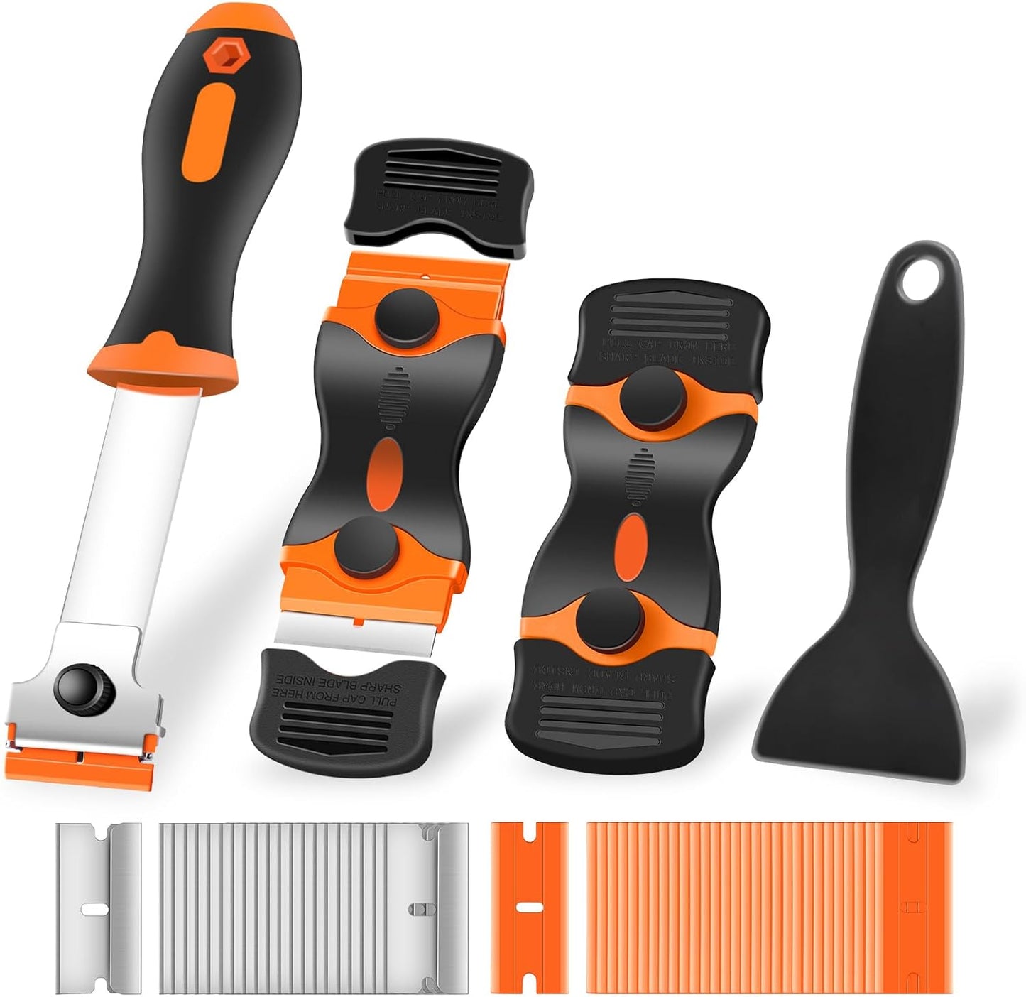 NECAMOCU 4 Pack Razor Blade Scraper, Includes 50 PCS Metal & Plastic Blades | Premium Razor Scraper Tool for Glass, Window, Cooktop, Countertop Cleaning & Sticker, Decal, Paint Removal (Orange)