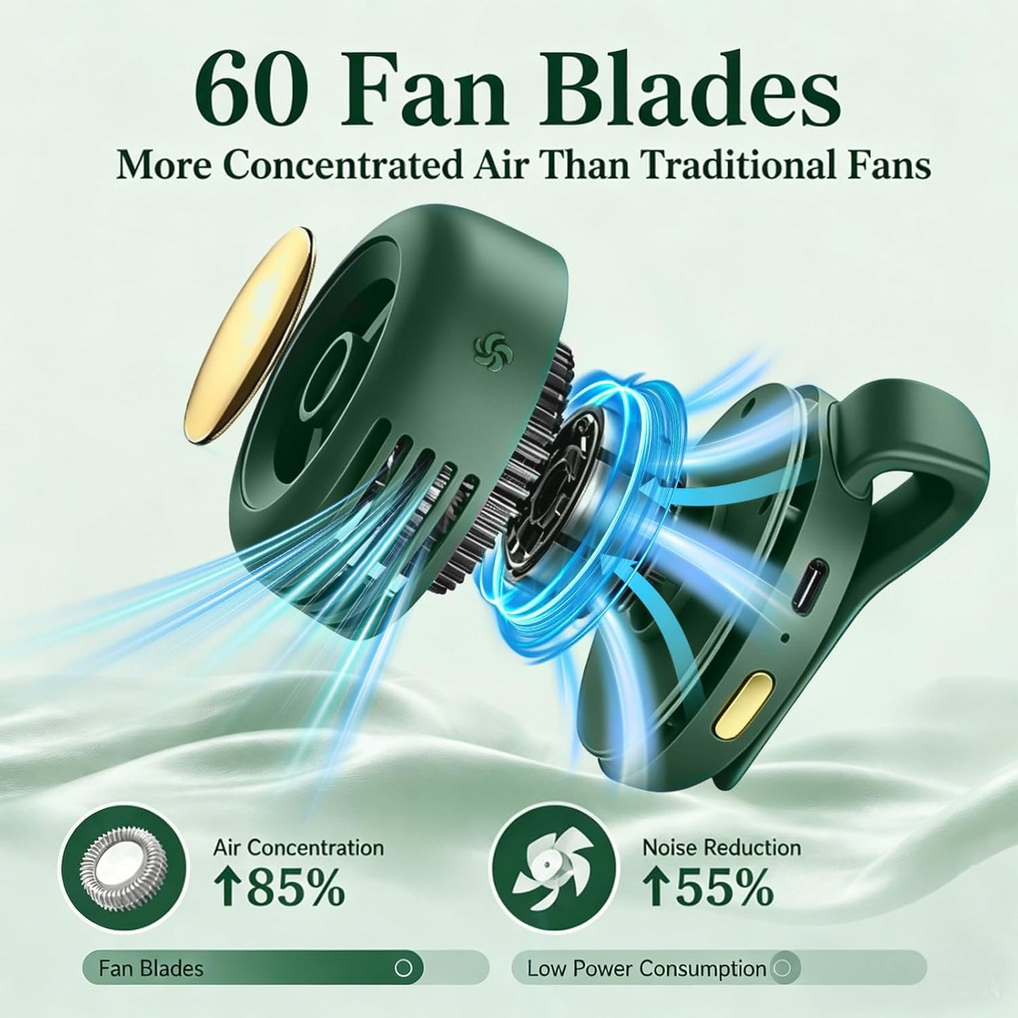 Portable Clip-On Fan, Mini Bladeless Waist Fan, 5100RPM 25dB Ultra-Quiet 3-Speed Rechargeable Small Whirlwind Fan, Hands-Free Personal Cooling for Outdoor Travel Office Camping with USB-C