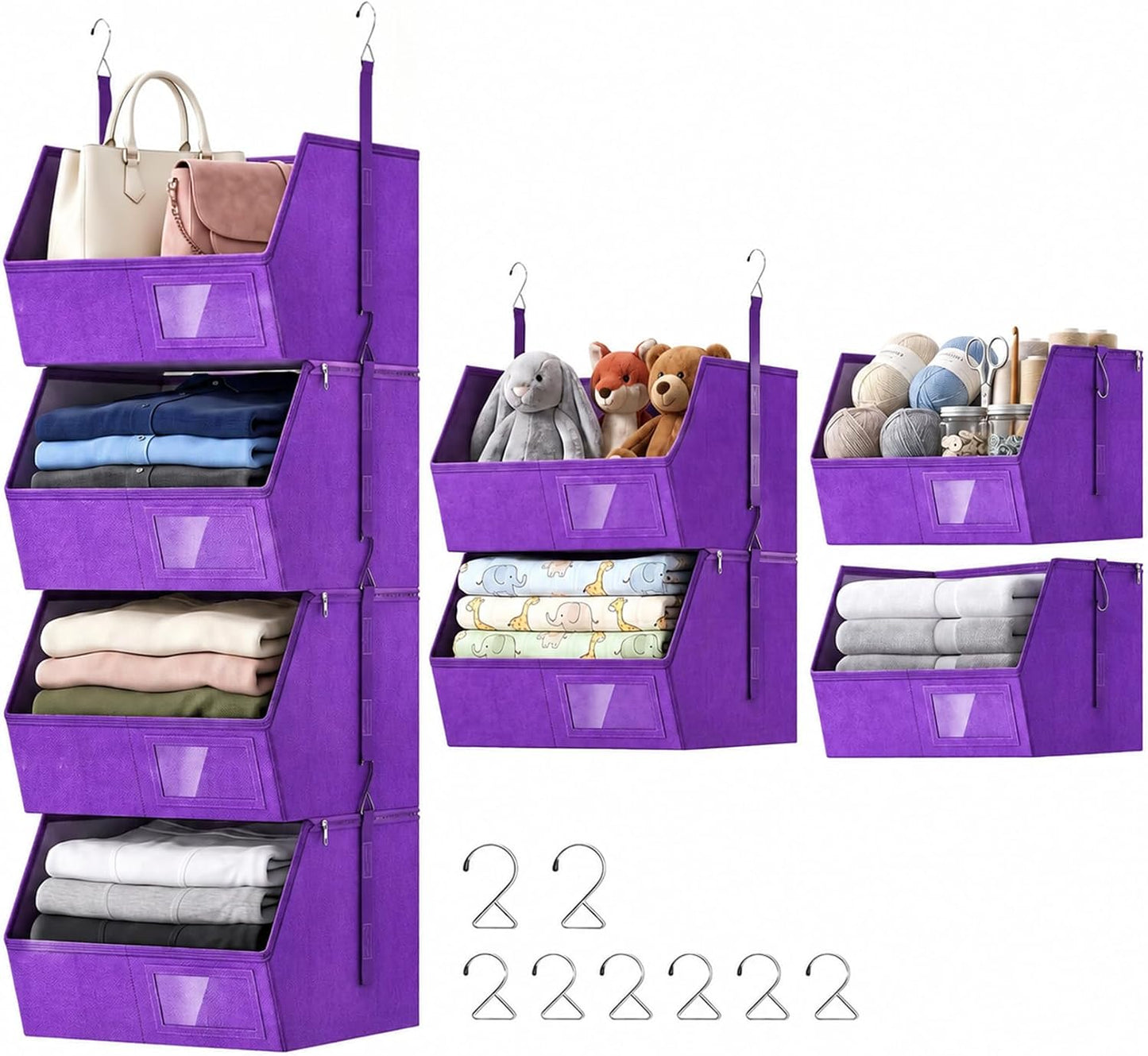 2 Pack 4-Tier Hanging Closet Organizer, Detachable Hanging Storage Shelves with Reinforced Side Panels, Hanging Closet Organizer for Clothes, Sweaters, Towels, Socks & Accessories, Purple