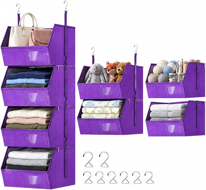 2 Pack 4-Tier Hanging Closet Organizer, Detachable Hanging Storage Shelves with Reinforced Side Panels, Hanging Closet Organizer for Clothes, Sweaters, Towels, Socks & Accessories, Purple