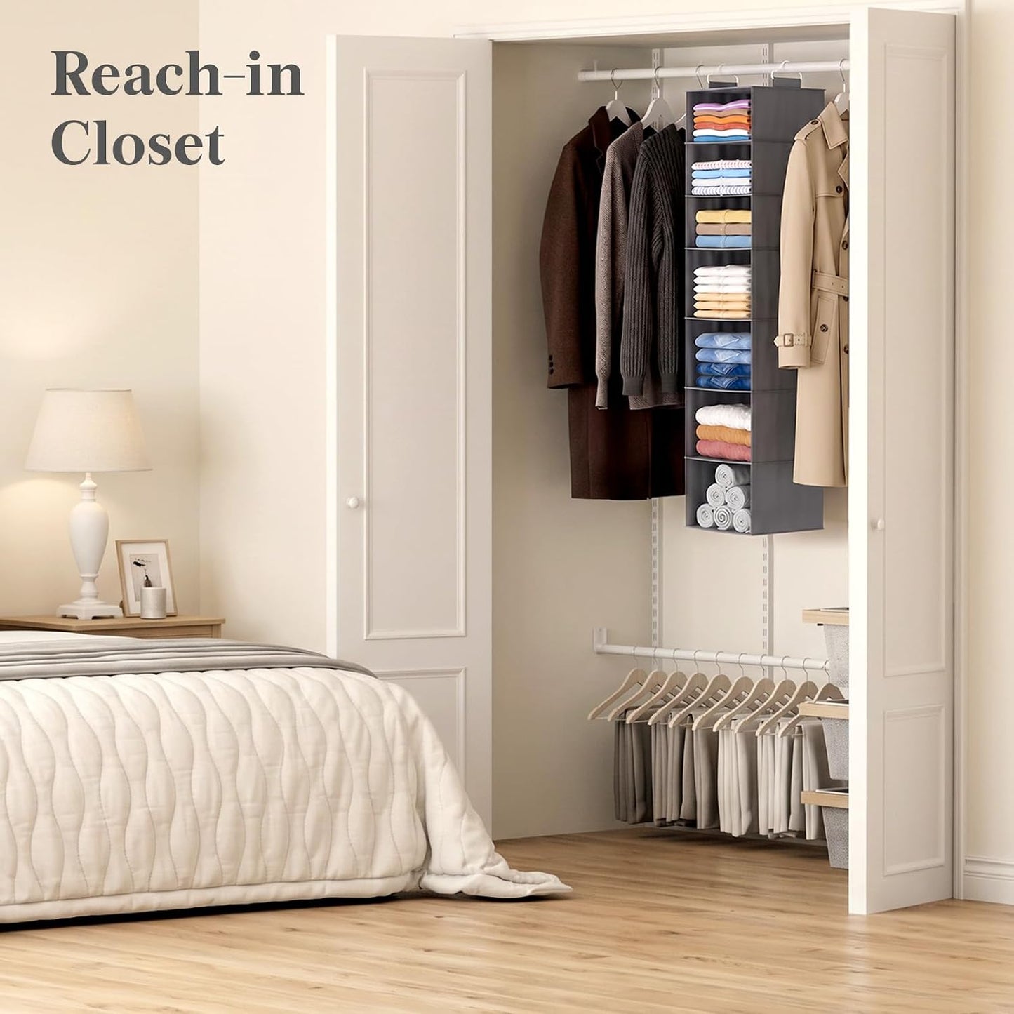 Lifewit 5 Tier Hanging Closet Organizer and Storage for Shelves, Foldable Clothes Shelf with 2 Sturdy Hooks, Sweater/Coat/Shoes Clothing Organization for Wardrobe, Dorm, Bedroom, Gray