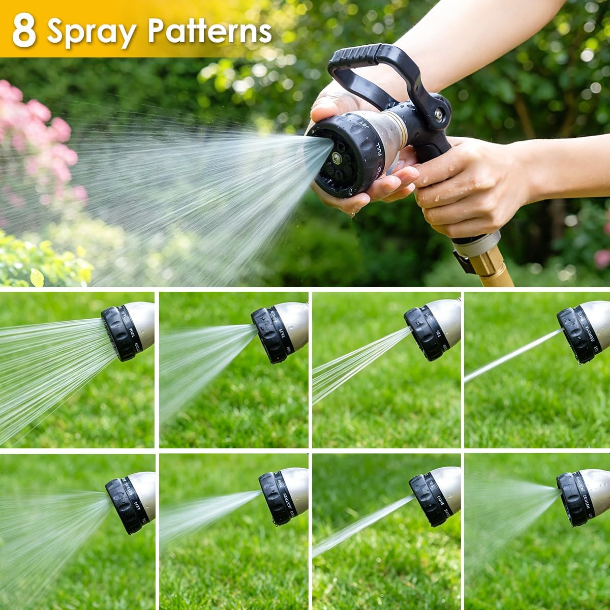 FANHAO Heavy Duty Fireman's Hose Nozzle, Metal Water Nozzle with 8 Spray Patterns, High Pressure Garden Hose Sprayer with Lever Control and Non-Slip Grip to Water Plants & Lawns, Wash Cars & Clean