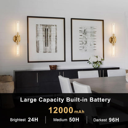 SANTOSTOCK Gold Battery Operated Wall Sconce Set of 2, 12000mAh Rechargeable Wall Lights with Remote Control, Wireless Dimmable Wall Lamps for Bedroom Living Room Bathroom Hallway Stairwell