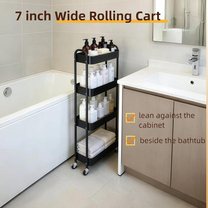 3 Tier Slim Metal Rolling Storage Cart for Laundry Room & Kitchen Organizer, 7.1'' Thin Standing Shelf for Narrow Spaces, Utility Cart with Wheels & Lockable Casters for Bathroom, Black