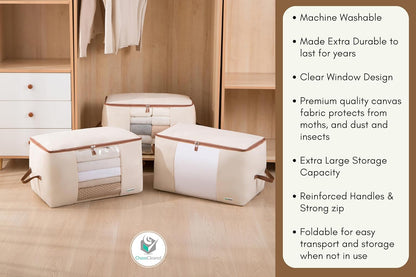 Chaos Cleared Canvas Storage Bags Designer Organizer for Comforters 2 Pack – Seasonal Storage for Pillows, Blankets, Linens & Garments – Foldable Design with Zip & Window, Moth-Proof Space Saver