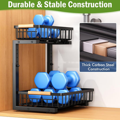 Under Sink Organizer, Pull Out Kitchen Storage Cabinet Organizer, 2-Tier Metal Slide Out Shelf for Bathroom Laundry Kitchen Storage with Drawers, 11.8"W x 15.9"D x 13.8-16.9"H, White, 2 Pack