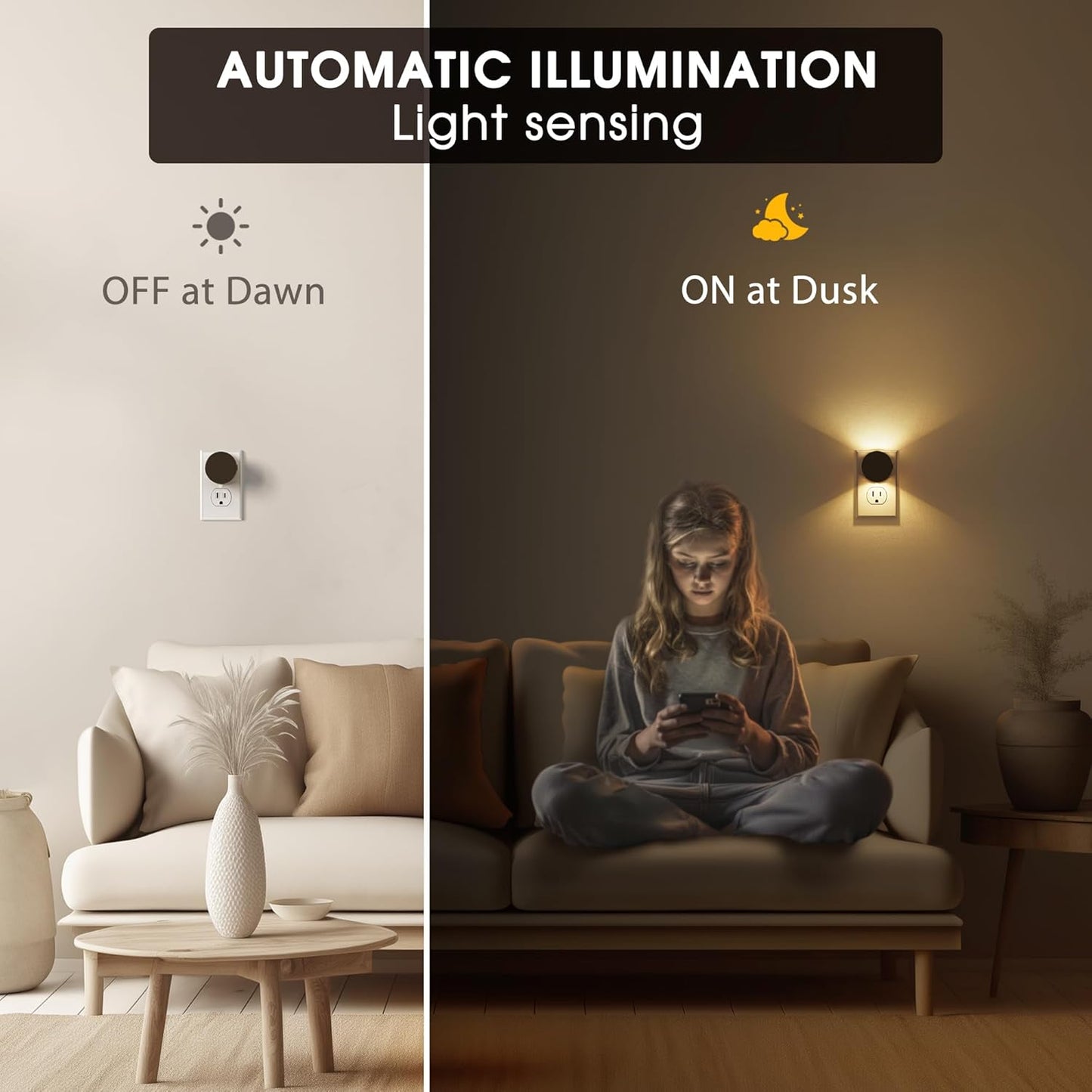 Briignite Night Lights Plug into Wall [2 Pack], White Night Light Dusk to Dawn Sensor Nightlight, Brightness Adjustable 3000K Soft White, Plug in Night Light for Bedroom, Hallway, Stairs, Kitchen