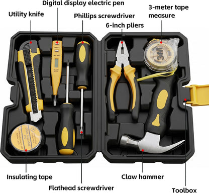 Basic Home Tool Set Household Tool kit for General Repair 8 Pcs | Includes Claw Hammer, Pliers ,Tape Measure, Phillips & Flathead Screwdriver, Electric Pen, Utility Knife, Insulating Tape