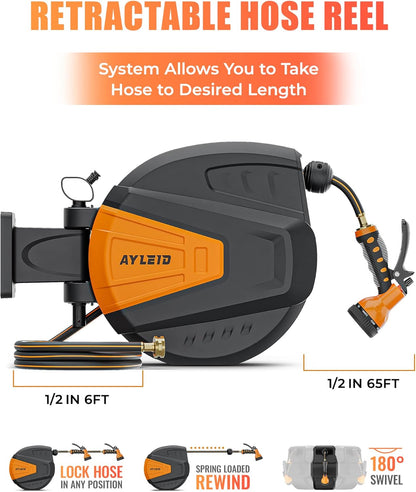 Ayleid Retractable Rubber Hybrid Garden Hose Reel, 1/2"x100ft Wall Mount | Anti-freeze, kink-free premium rubber hybrid hose, 24-month warranty, 9-pattern sprayer, any-length lock, slow auto-return.