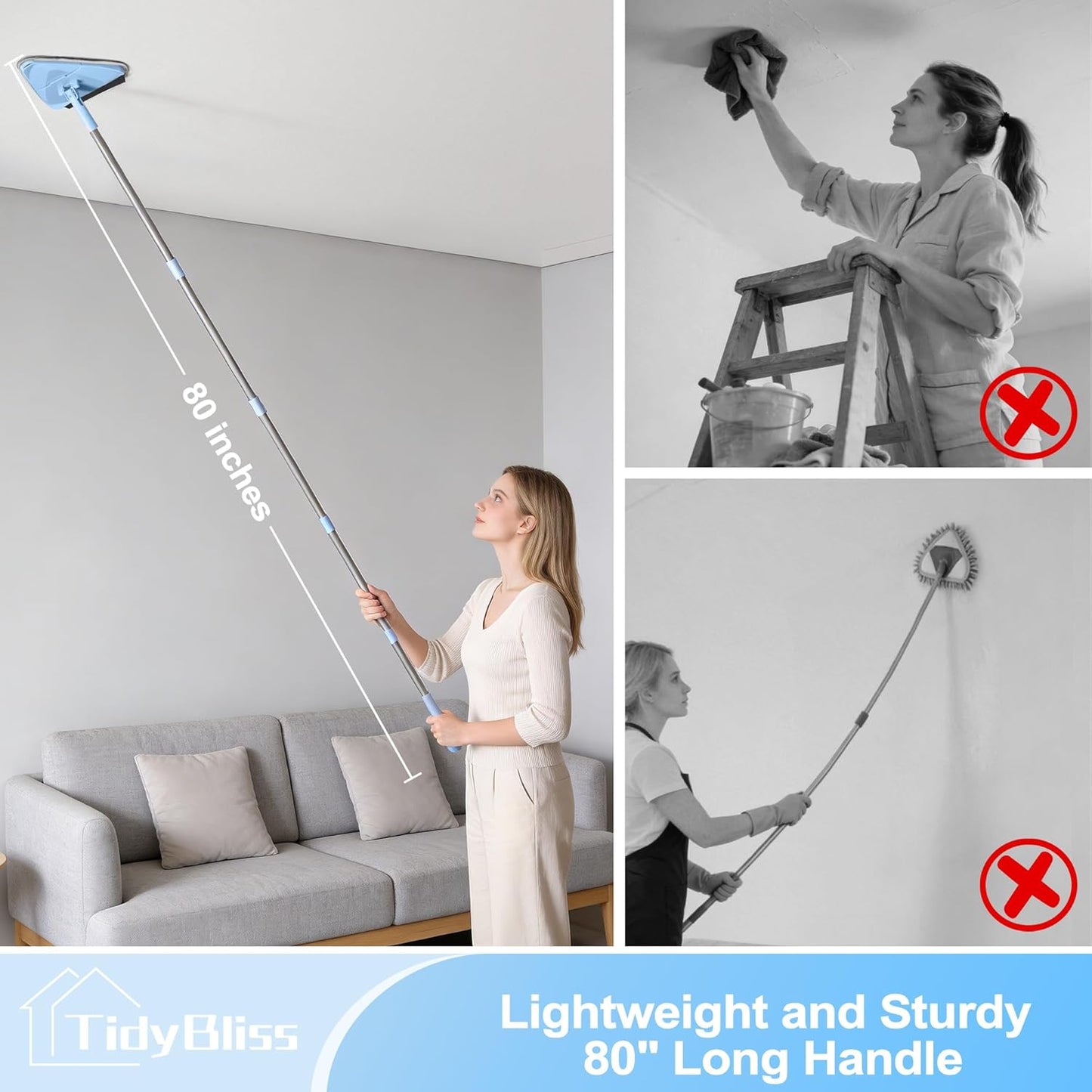 TidyBliss Wall Cleaner Mop with 80” Long Handle, 360° Swivel Ceiling Duster Scrubber with Collapsible Head, Baseboard Cleaning Tool with 4 Chenille and 2 Microfiber Pads for Windows Floor (Blue)