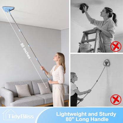 TidyBliss Wall Cleaner Mop with 80” Long Handle, 360° Swivel Ceiling Duster Scrubber with Collapsible Head, Baseboard Cleaning Tool with 4 Chenille and 2 Microfiber Pads for Windows Floor (Blue)